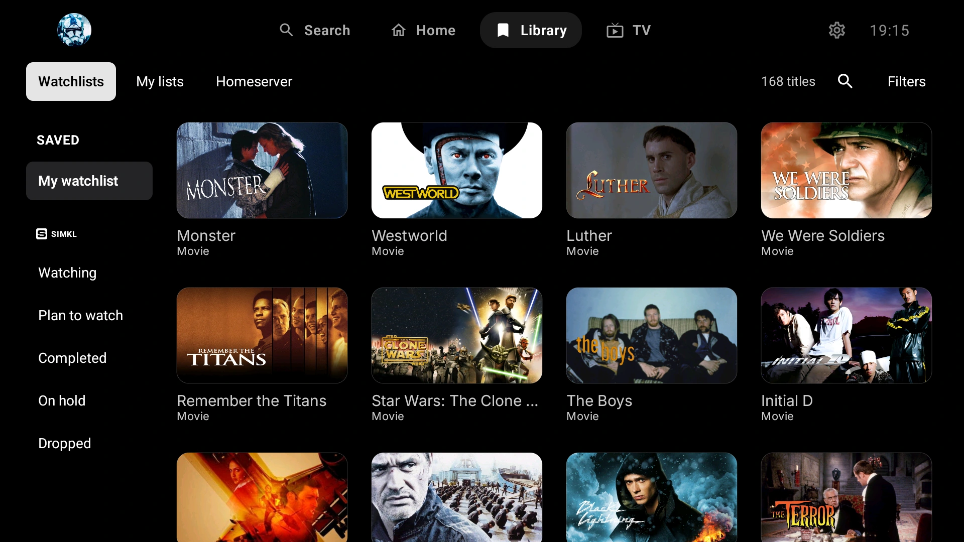 ARVIO TV library with watchlists, personal lists and home servers